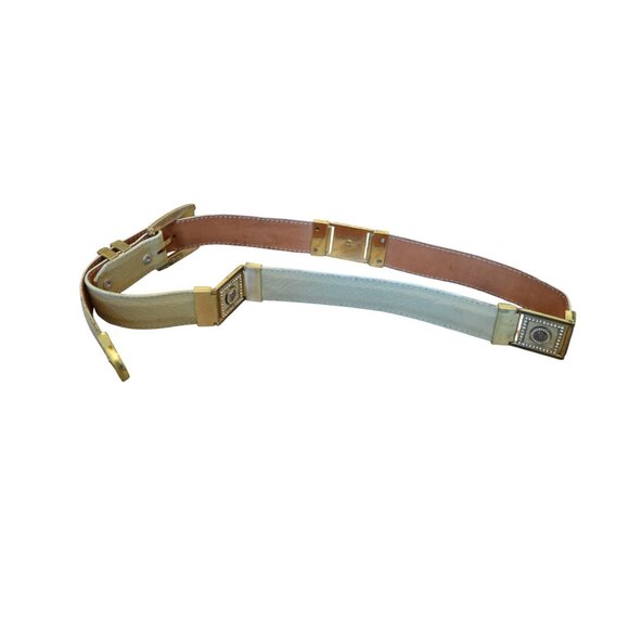 Vintage Cream Bone Leather Gold Tone Jeweled Lion Mens Belt Size 42 Cowboy Bling - Picture 7 of 12